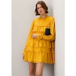 Adam Lippes Golden Yellow Tiered Ruffle Long Sleeve Mini Dress